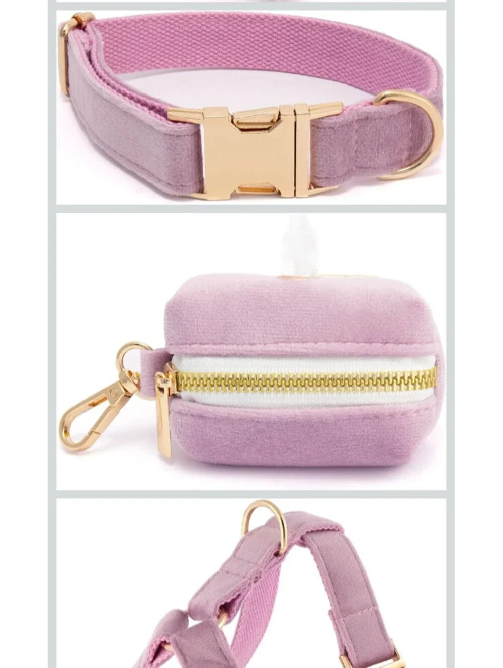 TRENDY PAWS PURPLE VELVET DOG HARNESS LEASH COLLAR BOWTIE BAG GIFT SET NEW MED